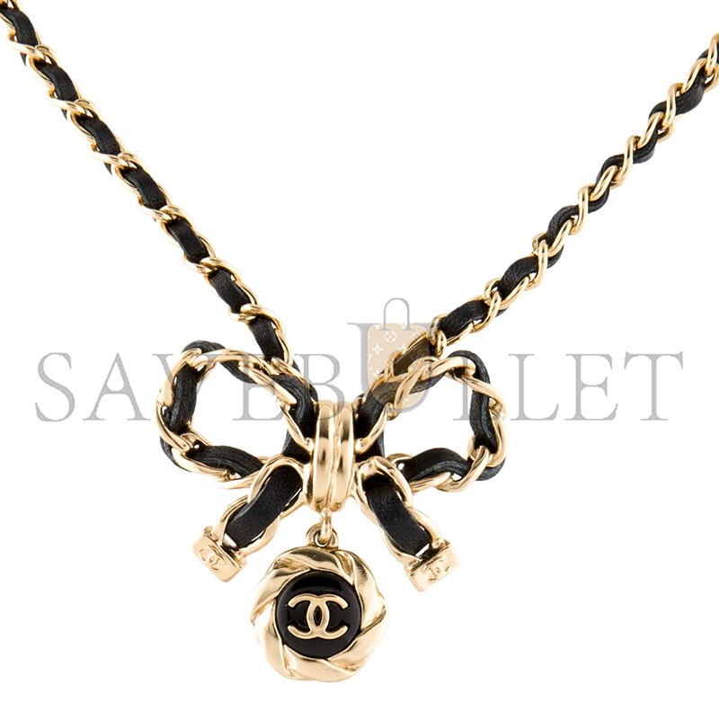 Ch**el leather chain bow drop necklace ab8741